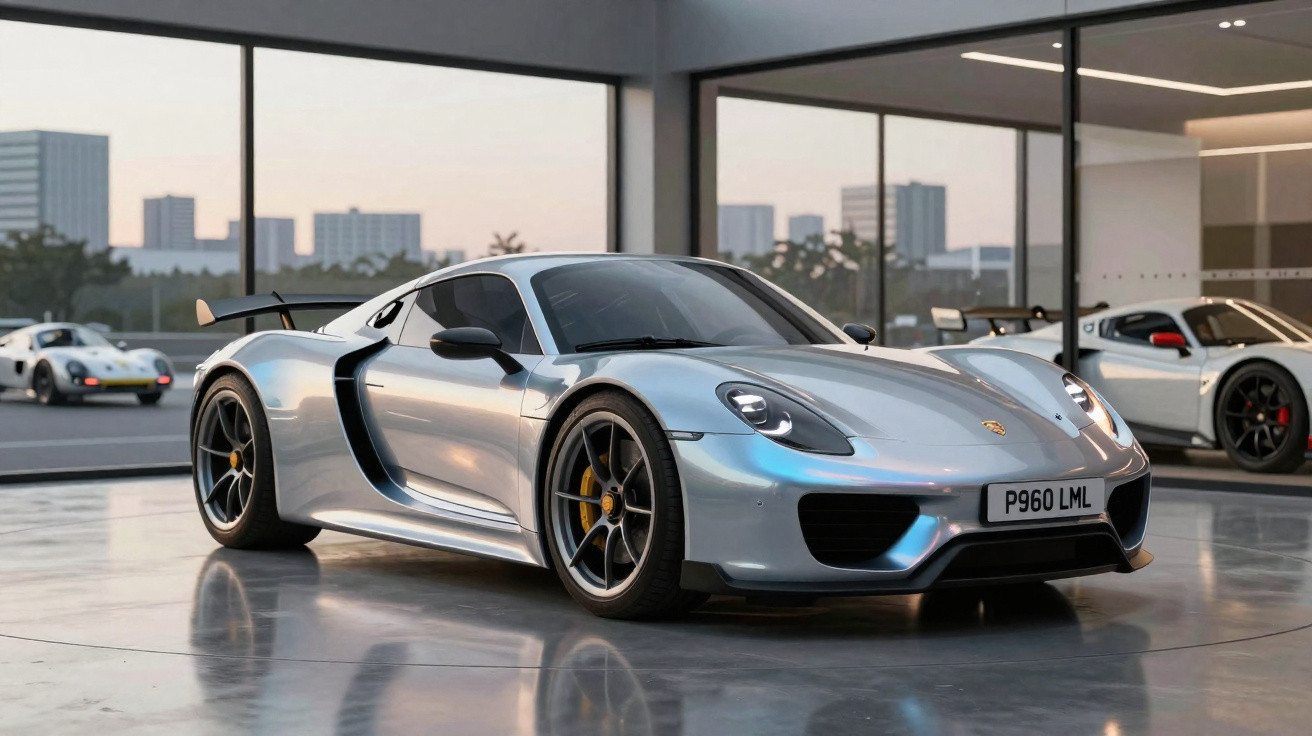 Carro esportivo prata Porsche 918 Spyder em exposição dentro de showroom moderno com chão refletivo.