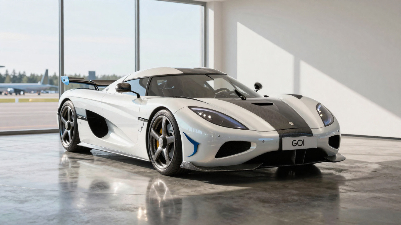 Carro esportivo branco com faixa preta estacionado em ambiente interno moderno, com luz natural vindo da janela.