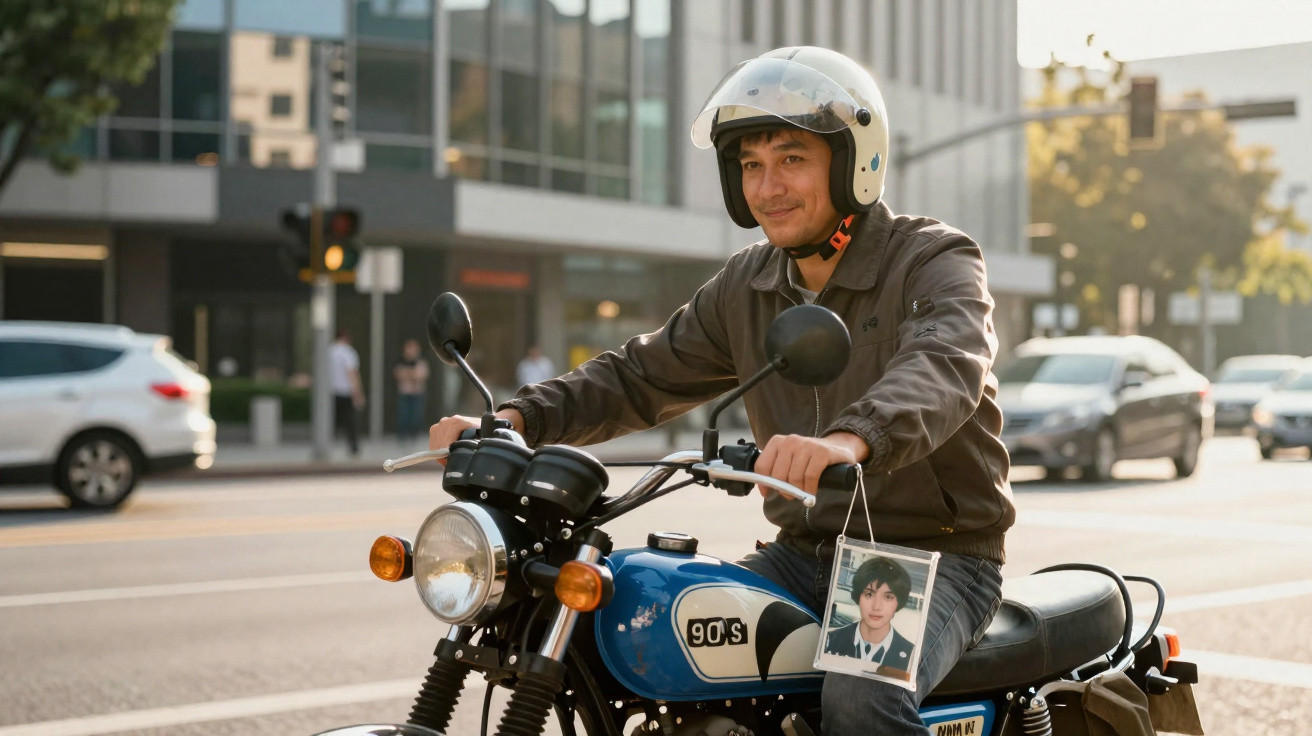 Homem de capacete branco, sorrindo, anda de moto azul pela cidade durante o dia segurando foto pendurada.