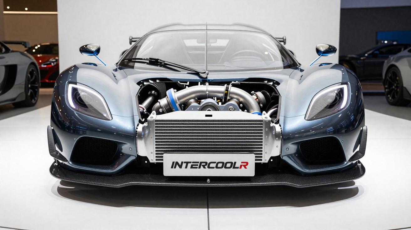 Carro esportivo com capô aberto exibindo intercooler e componentes do motor em exposição.