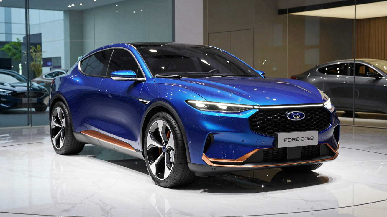 Carro esportivo azul metálico Ford 2023 em exposição em ambiente moderno com piso branco.