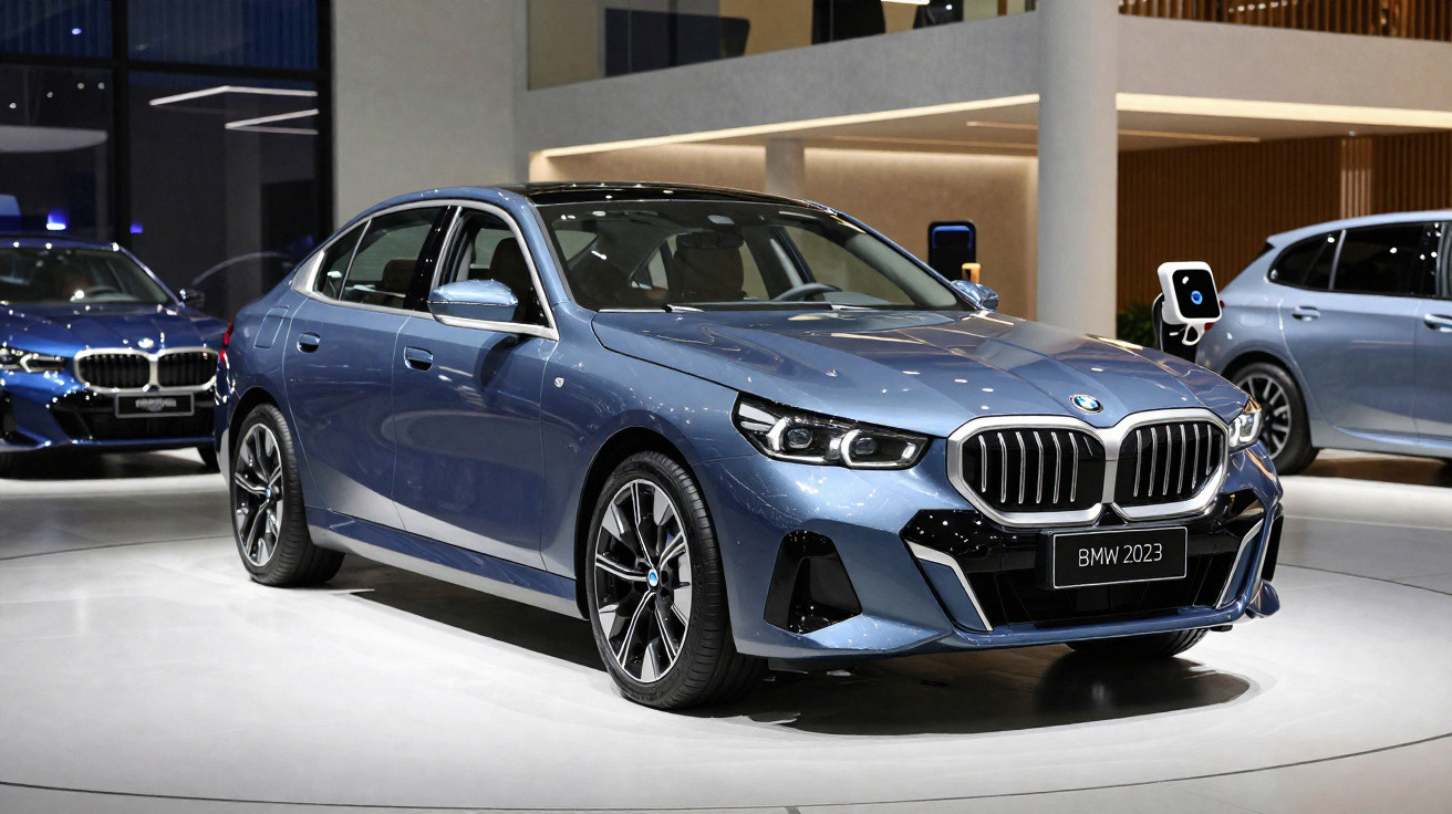 Carro BMW azul 2023 exibido em showroom moderno com iluminação branca e outros veículos ao fundo.