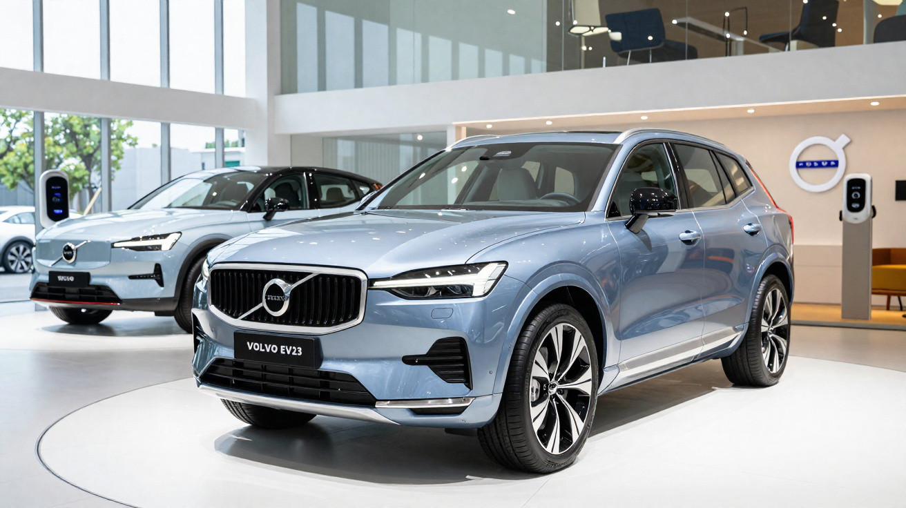 Dois carros Volvo modernos expostos em showroom elegante e iluminado, com destaque para Volvo EV23 azul.