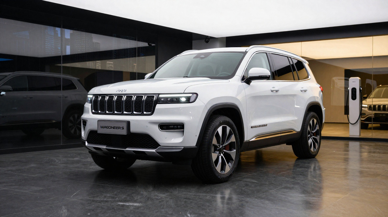 Carro SUV branco Jeep Wagoneer em ambiente interno com piso preto e paredes espelhadas.
