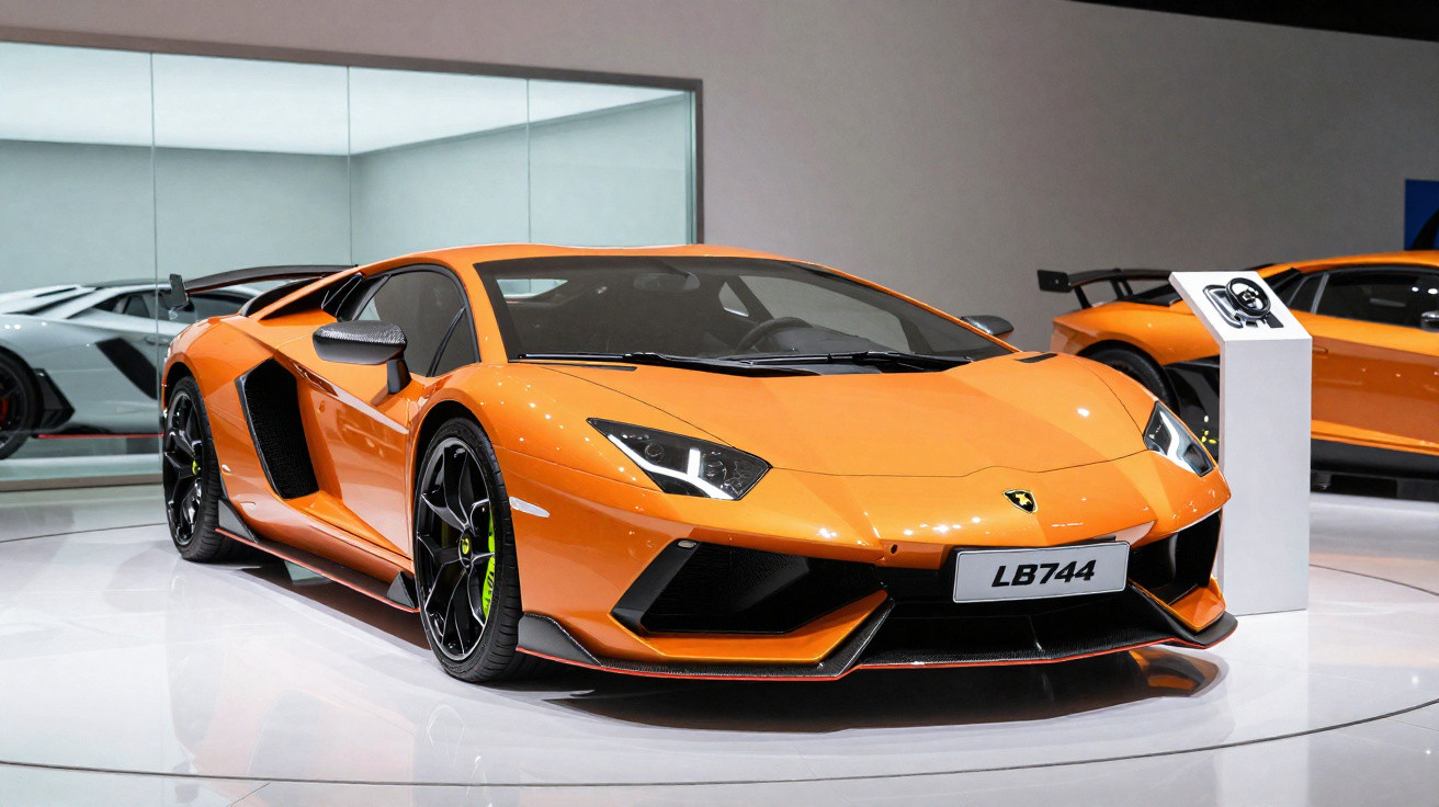 Carro esportivo Lamborghini Aventador laranja em exposição com rodas pretas e detalhes aerodinâmicos.