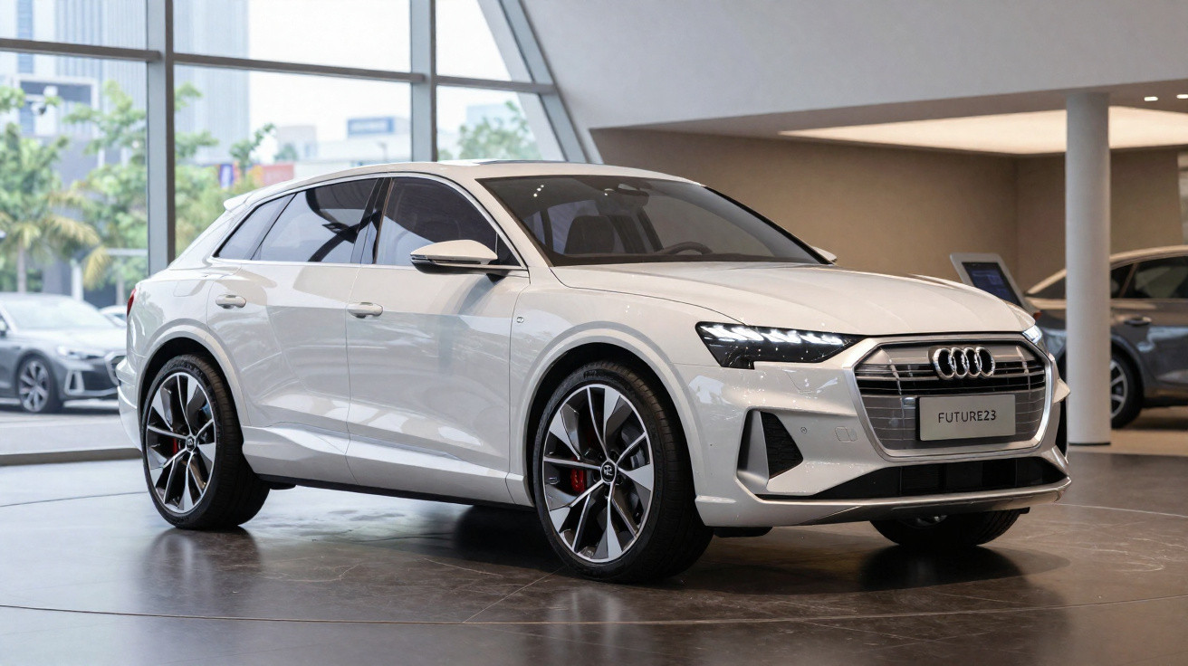 Carro elétrico Audi branco exibido em showroom moderno com iluminação natural e paredes claras.