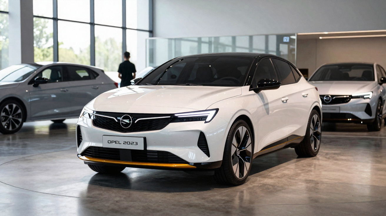 Carro branco Opel 2023 em exposição interna, com teto preto e detalhes em amarelo, ao lado de outros veículos.