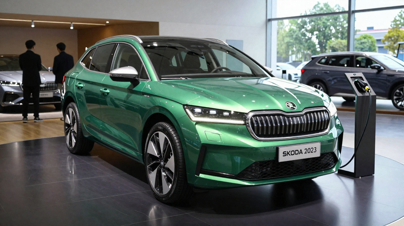 Carro elétrico verde Skoda 2023 exibido em showroom, conectado a estação de recarga.