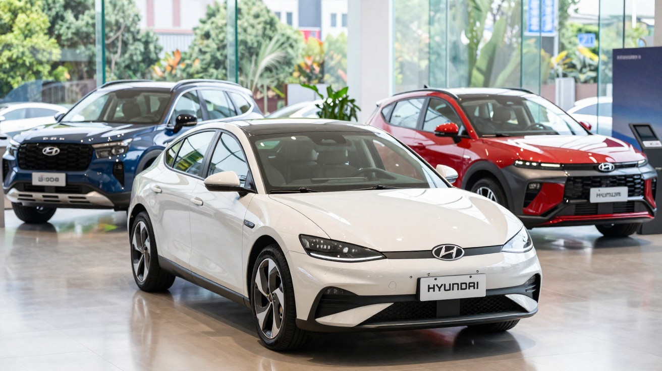 Carros Hyundai novos expostos em showroom moderno com piso brilhante e paredes de vidro.