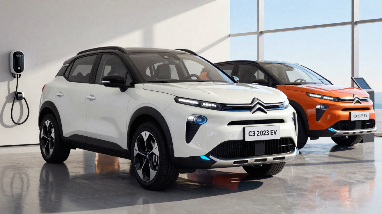 Dois carros elétricos Citroën C3 2023 EV em exposição, um branco e outro laranja, com estação de recarga na parede.