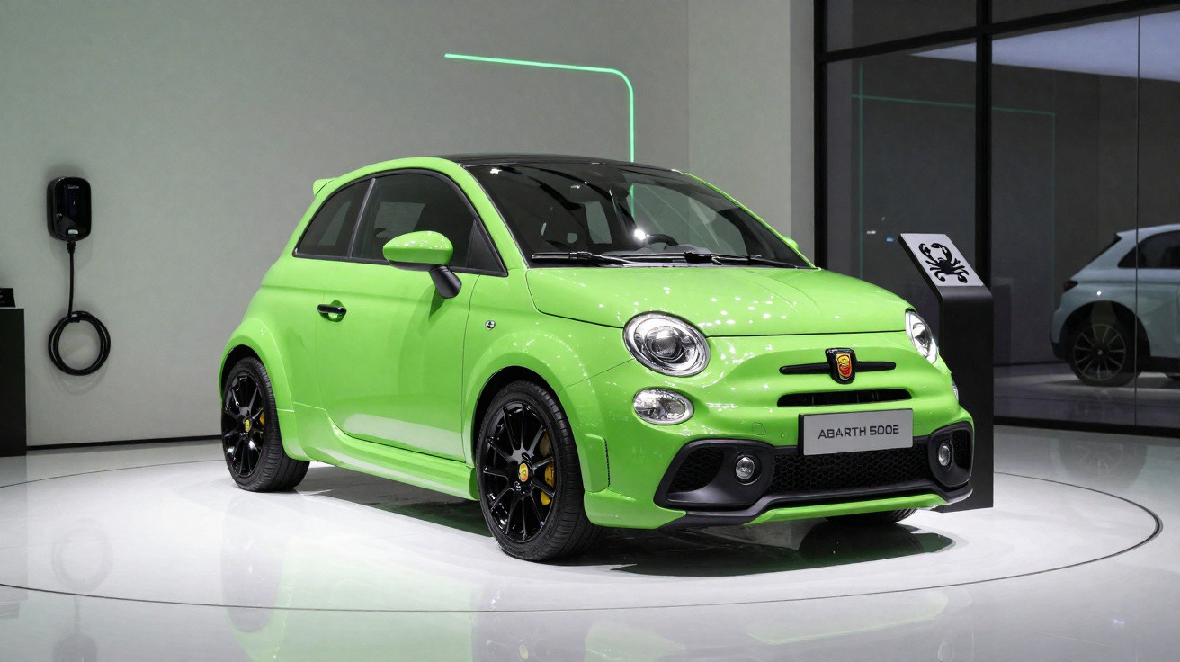 Carro compacto esportivo verde Abarth 500e em exposição sobre plataforma branca e parede cinza.