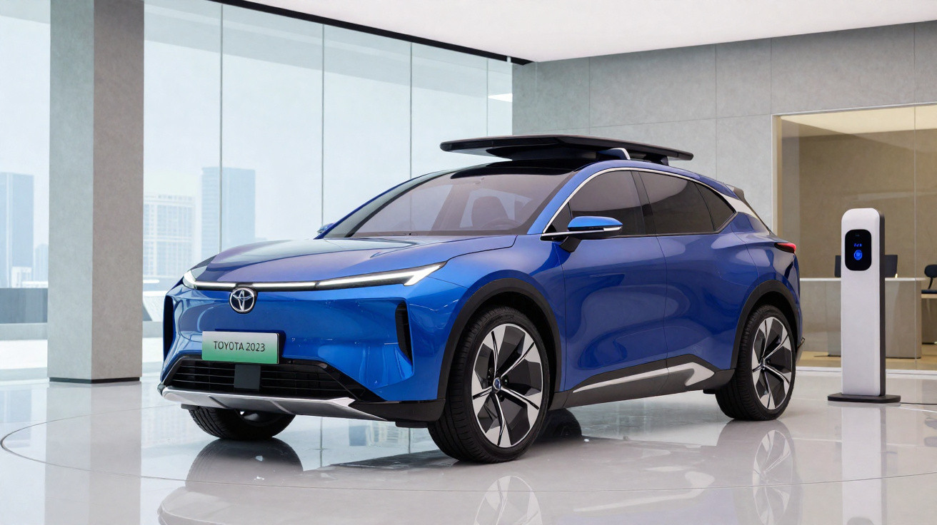 Carro elétrico azul Toyota 2023 estacionado em garagem moderna com carregador.