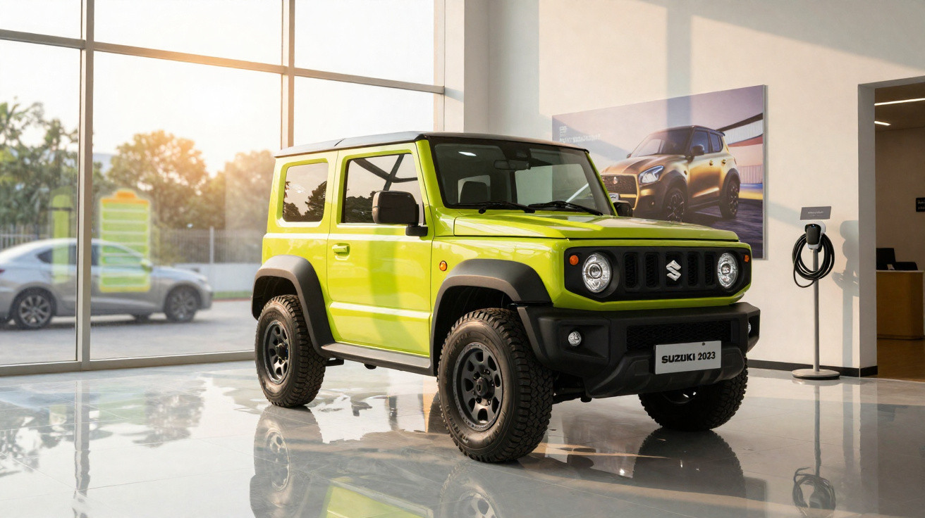 Carro verde Suzuki 2023 exposto em showroom com piso brilhante e janela grande ao fundo.