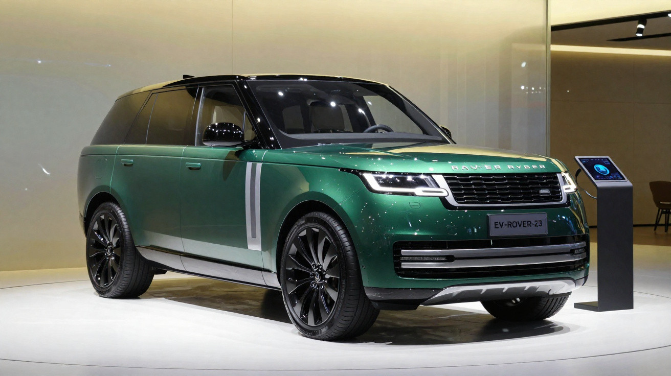 SUV elétrico verde Range Rover EV-Rover 23 exibido em estande moderno com suporte digital ao lado.