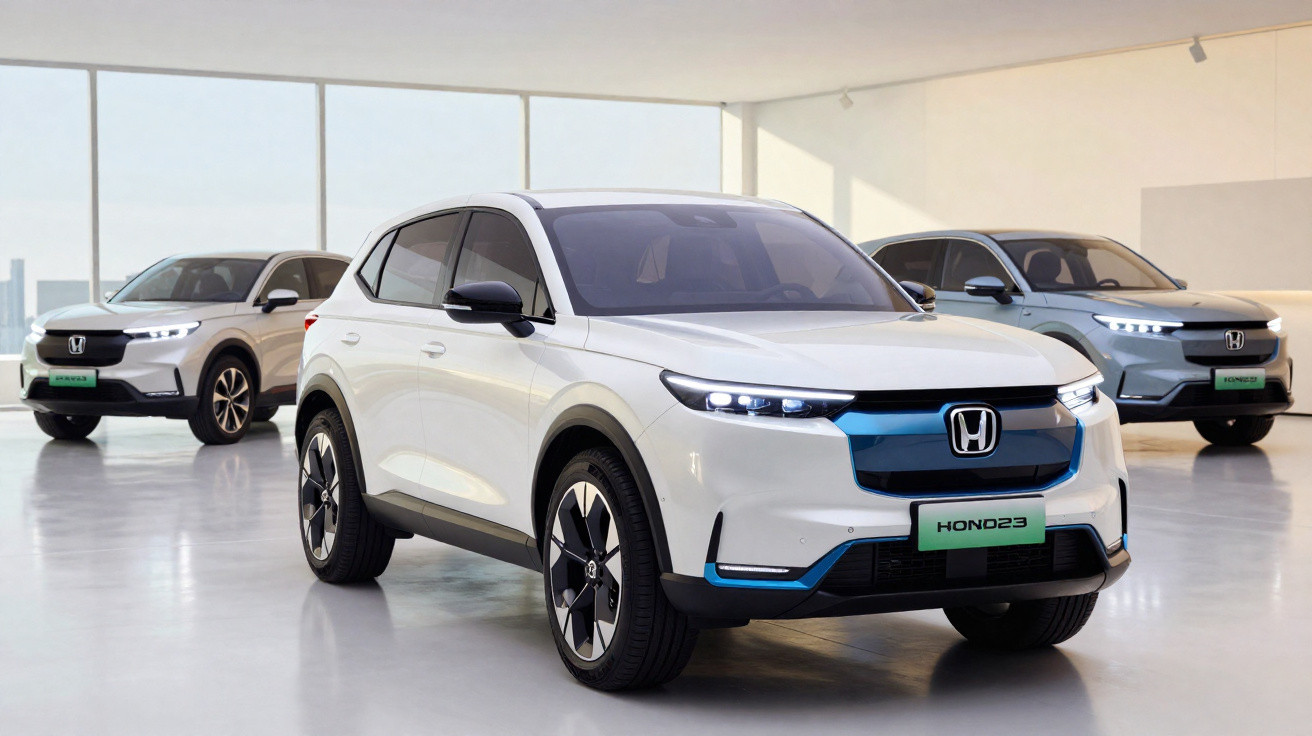 Três carros Honda elétricos 2023 em exposição em ambiente interno com iluminação natural.