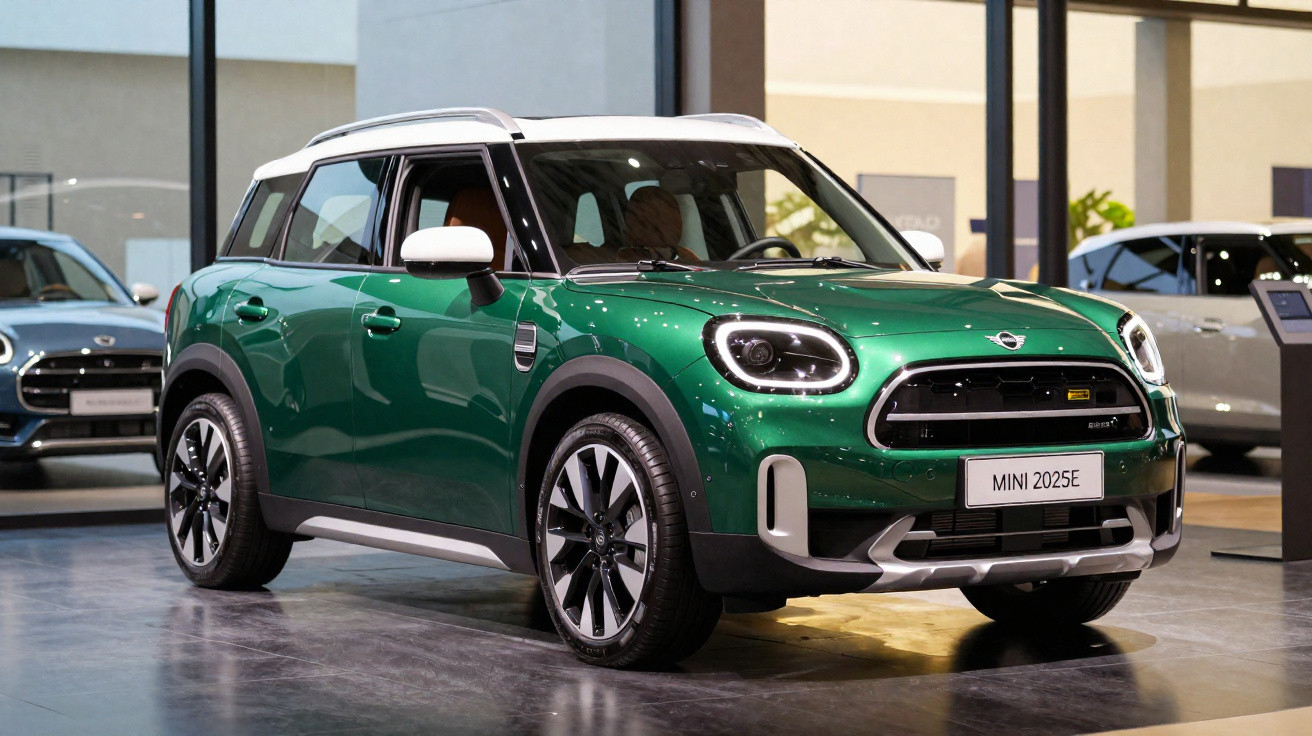 Carro Mini Cooper verde e branco modelo 2025E exibido em showroom moderno e iluminado.
