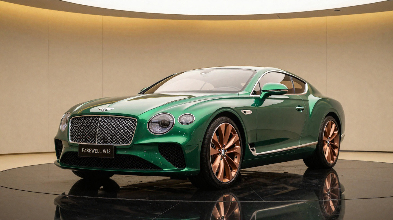 Carro esportivo verde Bentley Farewell W12 em exposição com rodas douradas em ambiente iluminado.