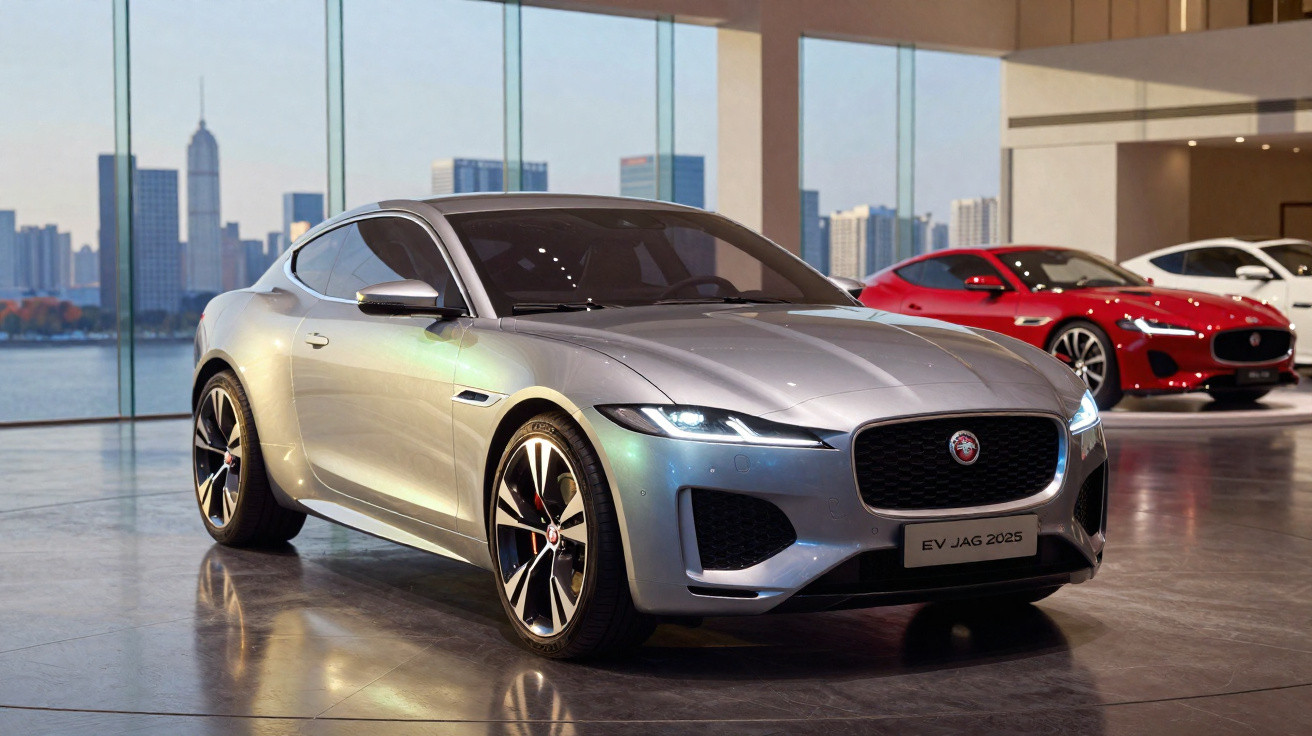 Carro esportivo prata Jaguar EV JAG 2025 em showroom com janelas grandes e vista para cidade ao fundo.