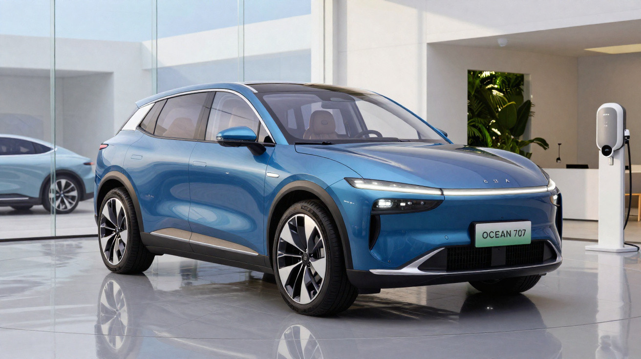 Carro elétrico azul modelo Ocean 707 estacionado em ambiente interno com carregador ao fundo.