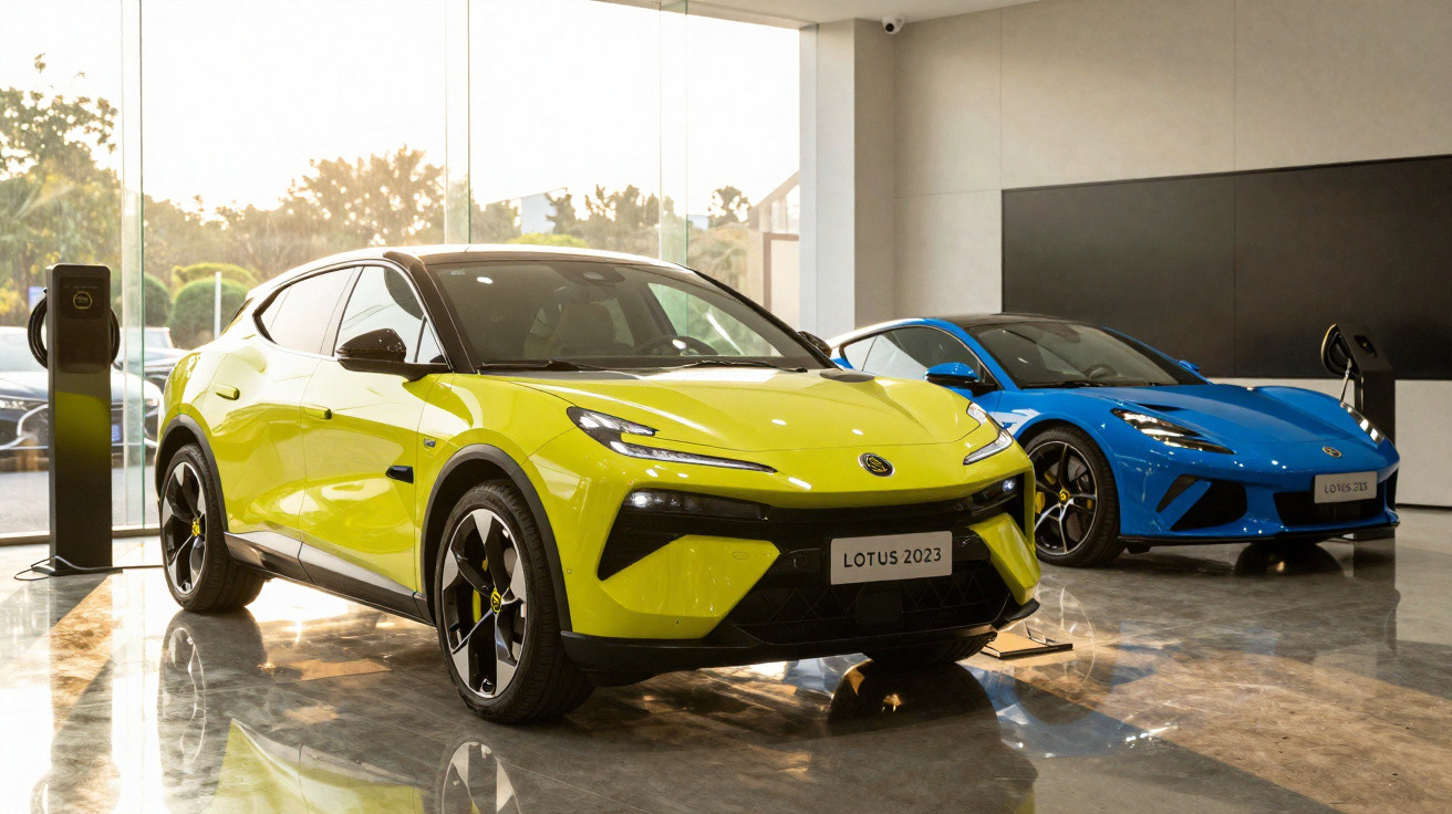 Dois carros esportivos Lotus 2023 em showroom, um amarelo e um azul, com carregadores elétricos ao lado.