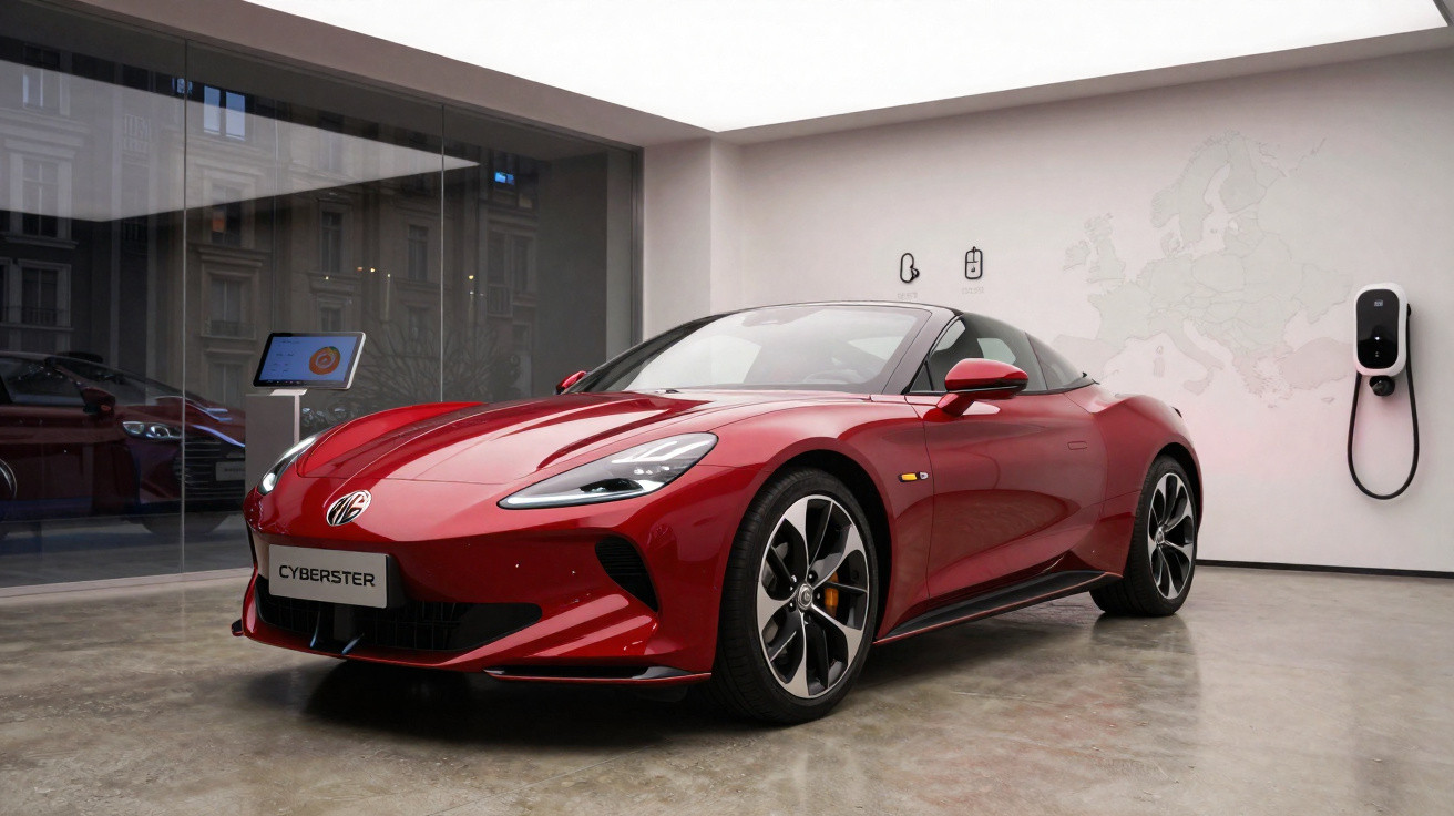Carro esportivo elétrico vermelho MG Cyberster estacionado em garagem moderna com estação de recarga na parede.