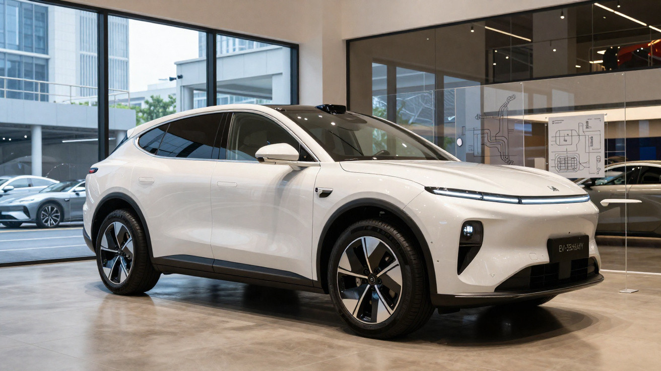 Carro elétrico branco moderno exibido em showroom com grandes janelas e piso de cimento polido.