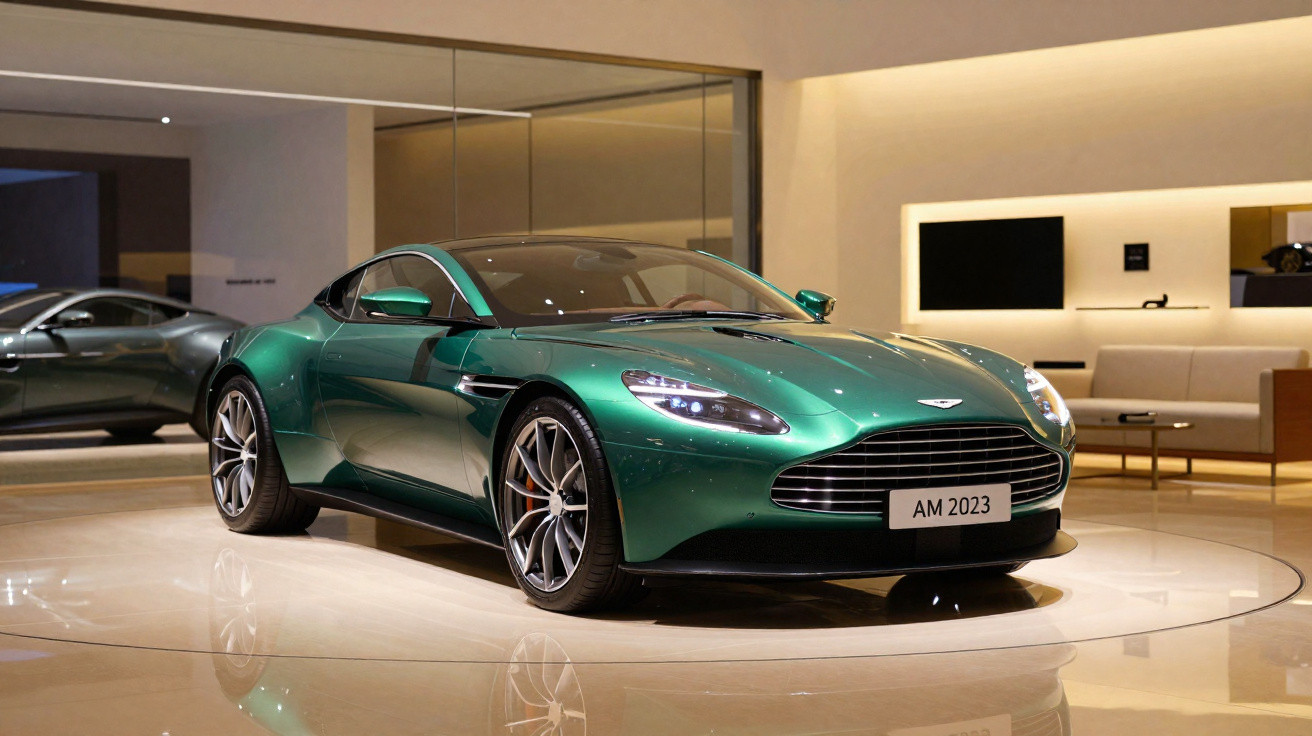 Carro esportivo verde Aston Martin AM 2023 exibido em showroom moderno e iluminado.