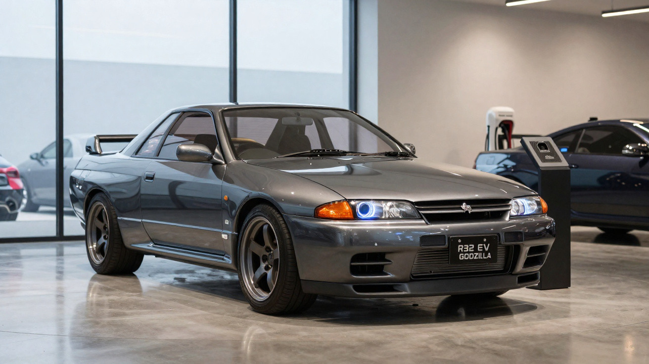 Carro esportivo cinza Nissan Skyline R32 EV Godzilla estacionado em showroom moderno com piso brilhante.
