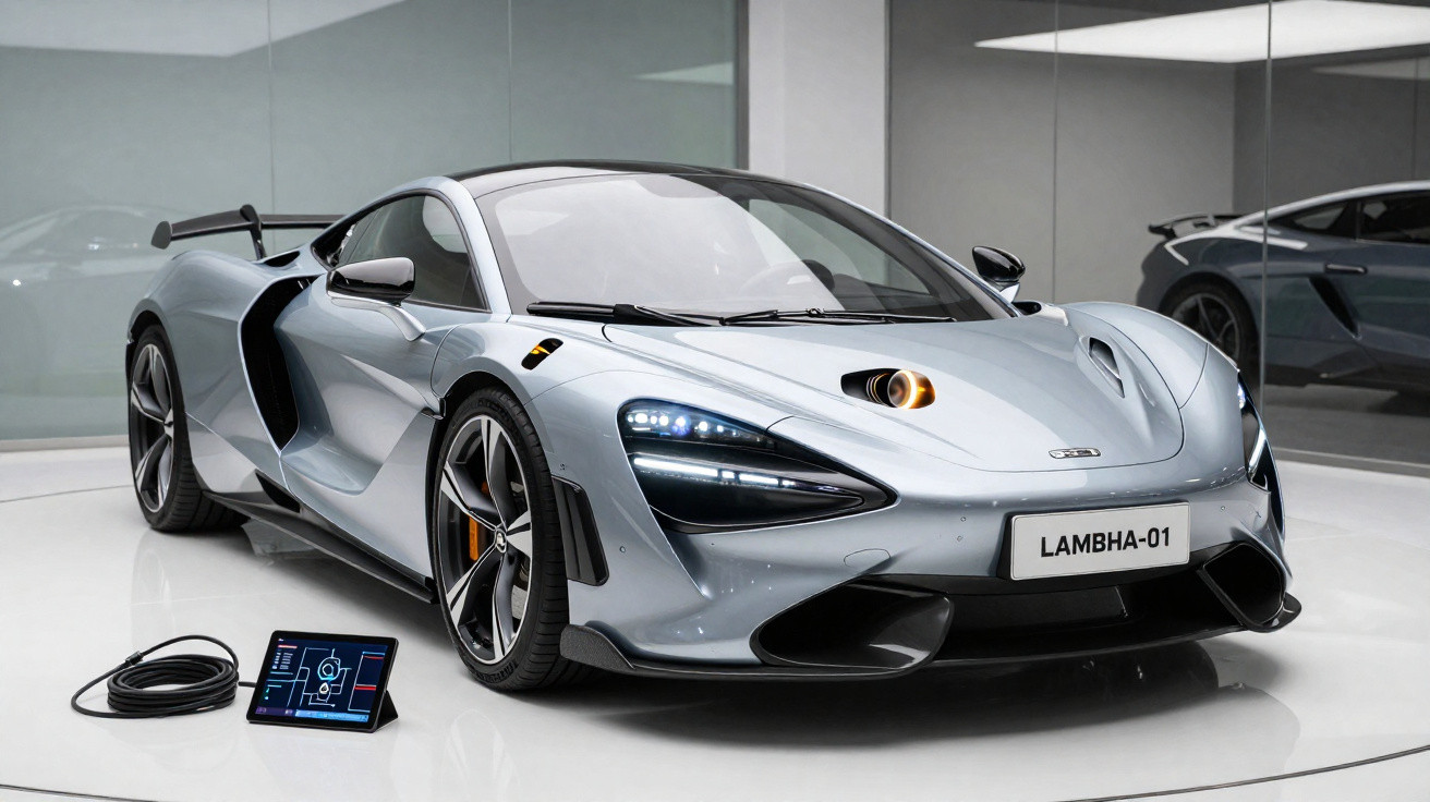 Carro esportivo prata metalizado estacionado em ambiente minimalista com monitor digital ao lado.