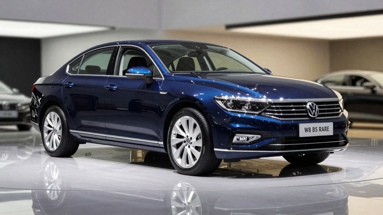 Carro sedã Volkswagen azul metálico exposto em salão automotivo, modelo W8 B5 Rare.