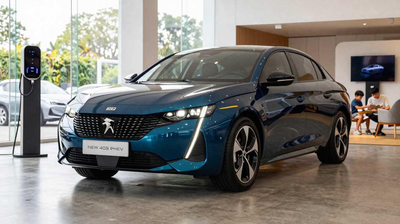 Carro elétrico Peugeot 408 PHEV azul exposto em showroom moderno com carregador ao lado.