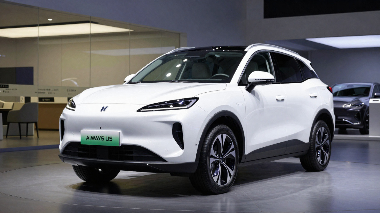 Carro elétrico branco Aiways U5 estacionado em showroom moderno e iluminado.