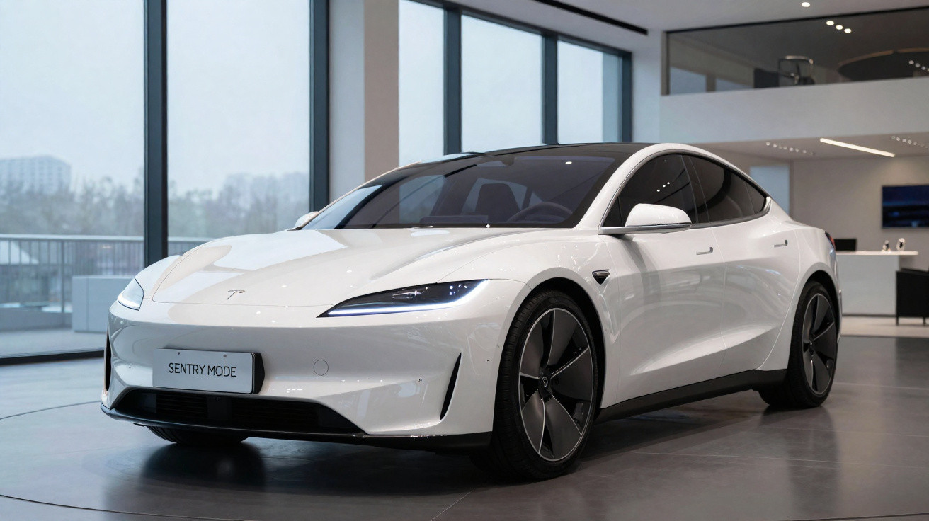 Carro elétrico branco Tesla modelo esportivo exibido em showroom moderno com grandes janelas.