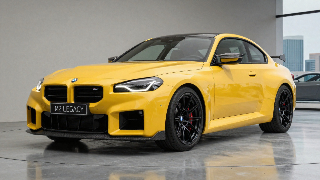 Carro esportivo BMW M2 Legacy amarelo em showroom, destaque para rodas pretas e design robusto.