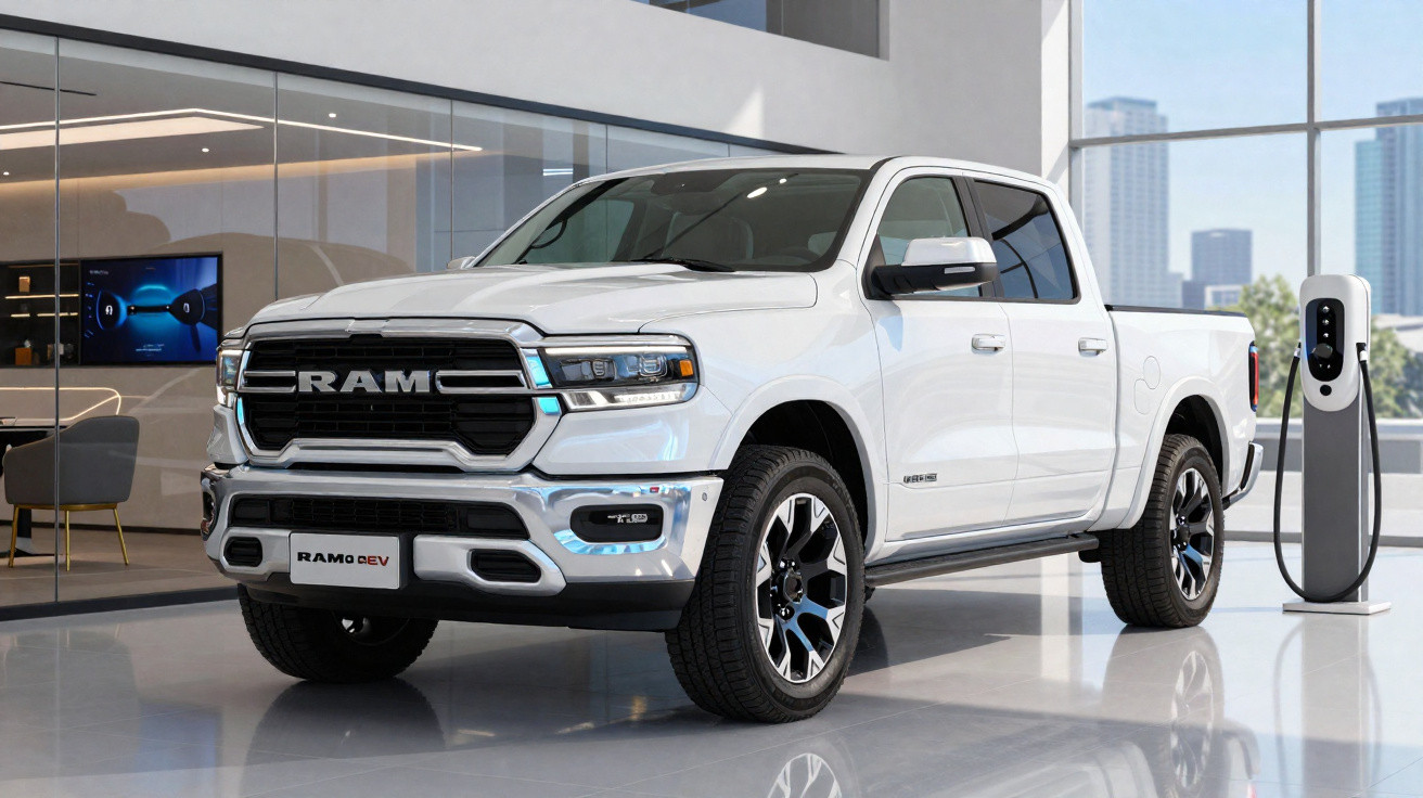 Picape branca elétrica RAM 1500 REV estacionada em showroom conectada a carregador elétrico.