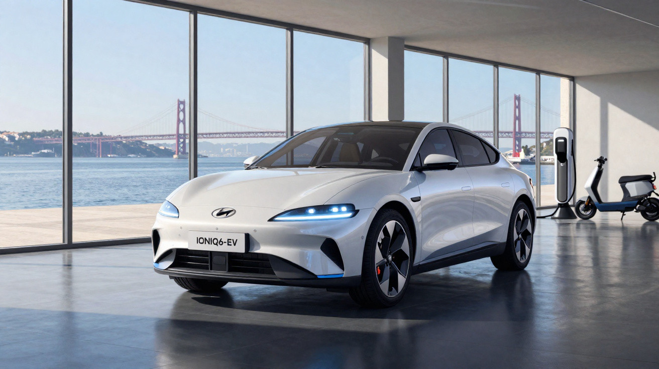 Carro elétrico branco Hyundai IONIQ 6 EV em garagem moderna com vista para ponte e mar.