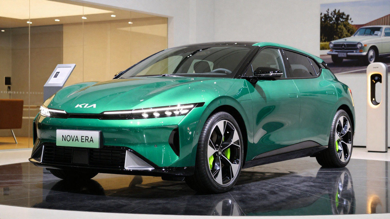 Carro elétrico Kia verde modelo Nova Era exposto em showroom moderno com piso reflexivo.