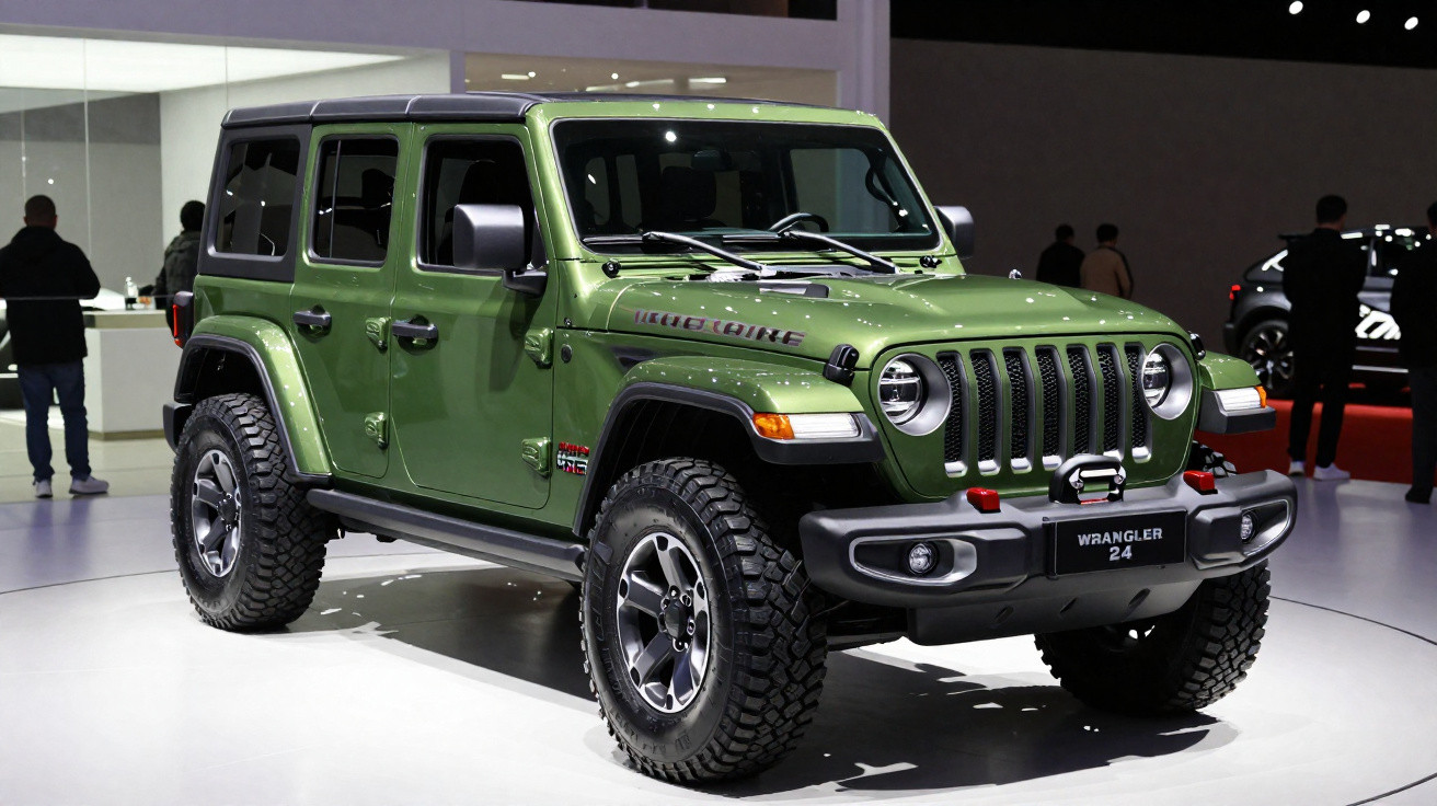 Jeep Wrangler 4x4 verde em exibição em evento automotivo, com pneus robustos e para-choque dianteiro preto.