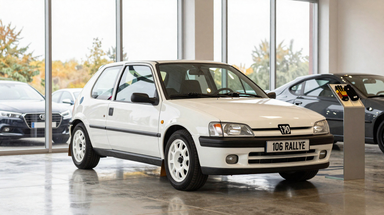 Carro branco Peugeot 106 Rallye exposto em showroom com piso de concreto e janelas grandes ao fundo.