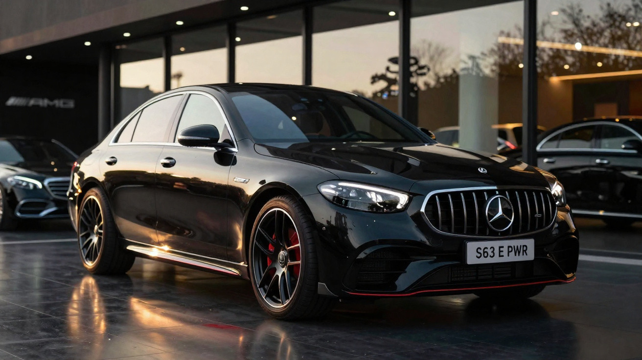 Carro sedan esportivo preto Mercedes-Benz AMG S63 estacionado em showroom com iluminação ao entardecer.