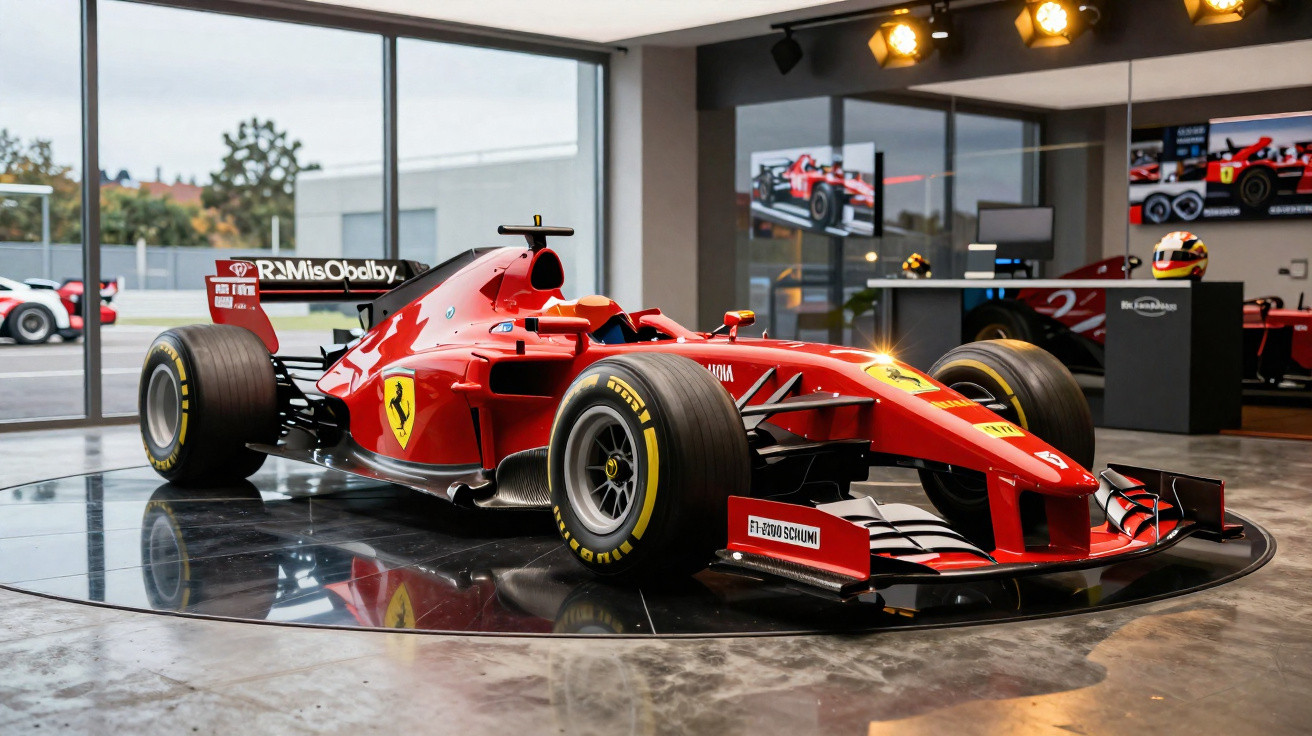 Carro de Fórmula 1 vermelho da Ferrari exibido em piso brilhante dentro de um showroom moderno.