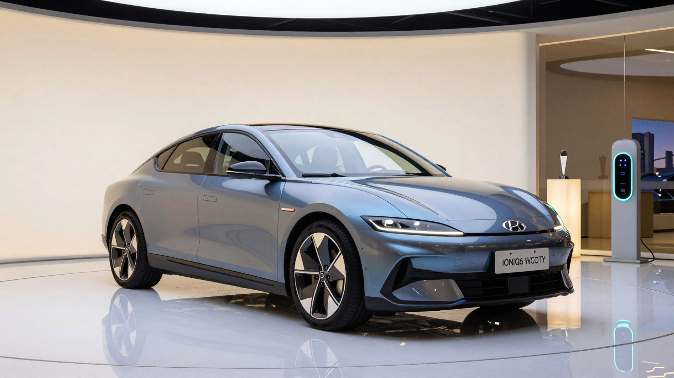 Carro elétrico cinza Hyundai Ioniq 6 em exposição com estação de carregamento ao fundo.