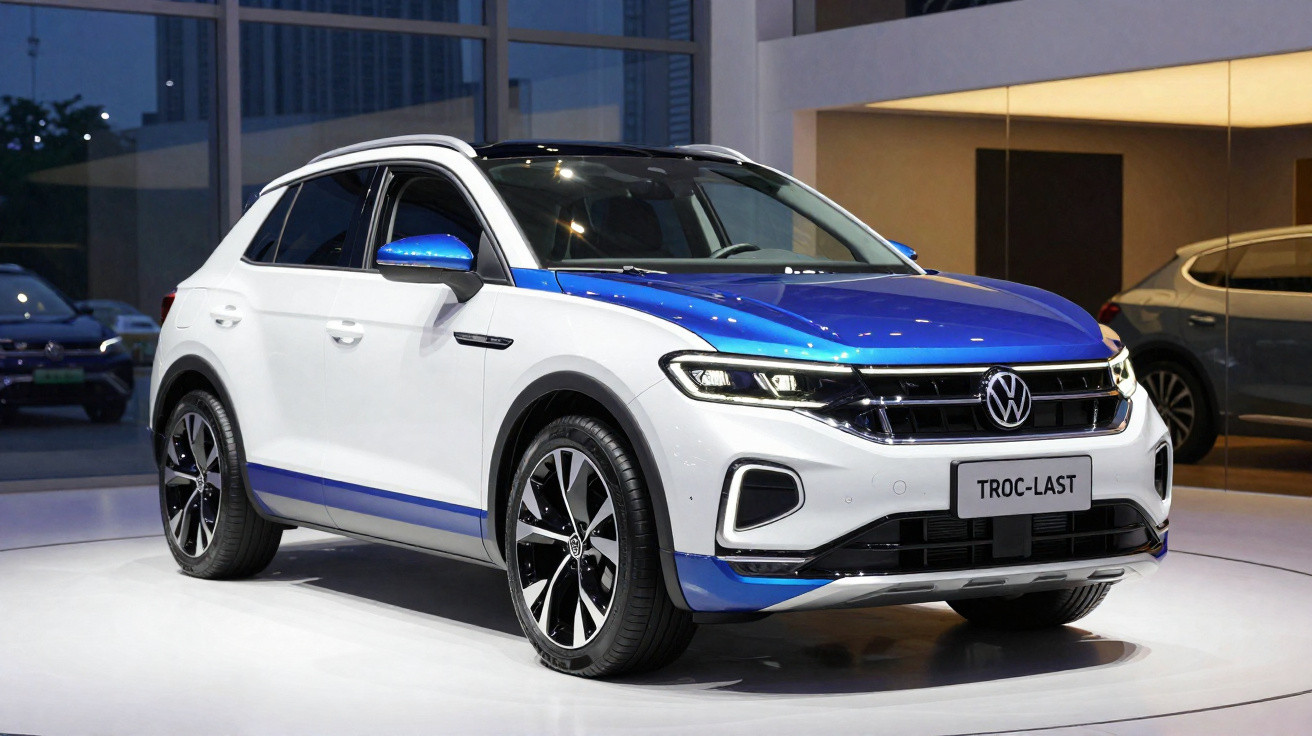 SUV Volkswagen T-Roc branco com detalhes azuis exposto em showroom moderno à noite.