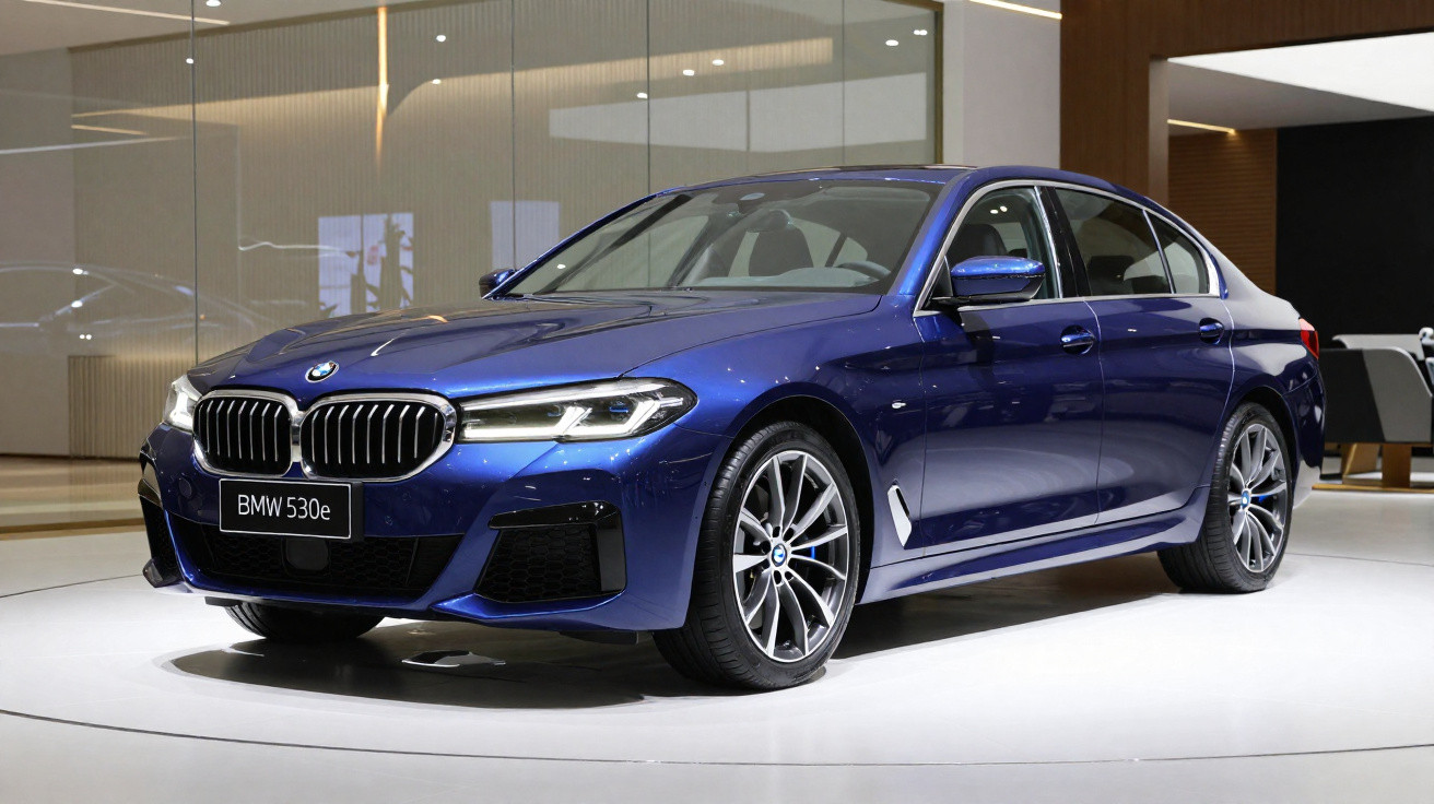 Carro BMW 530e azul em exposição, modelo sedan com design moderno e elegante.