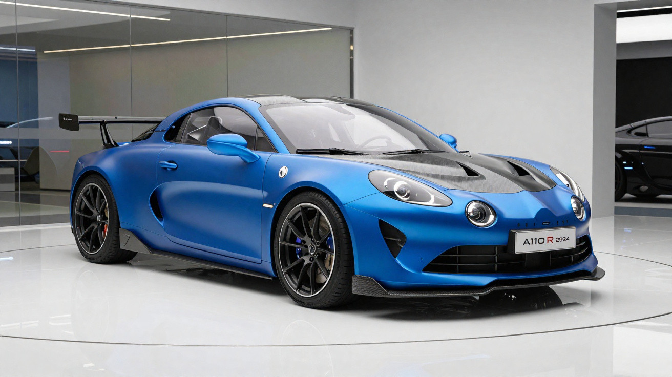 Carro esportivo azul Alpine A110 R 2024 em ambiente interno moderno com iluminação branca.