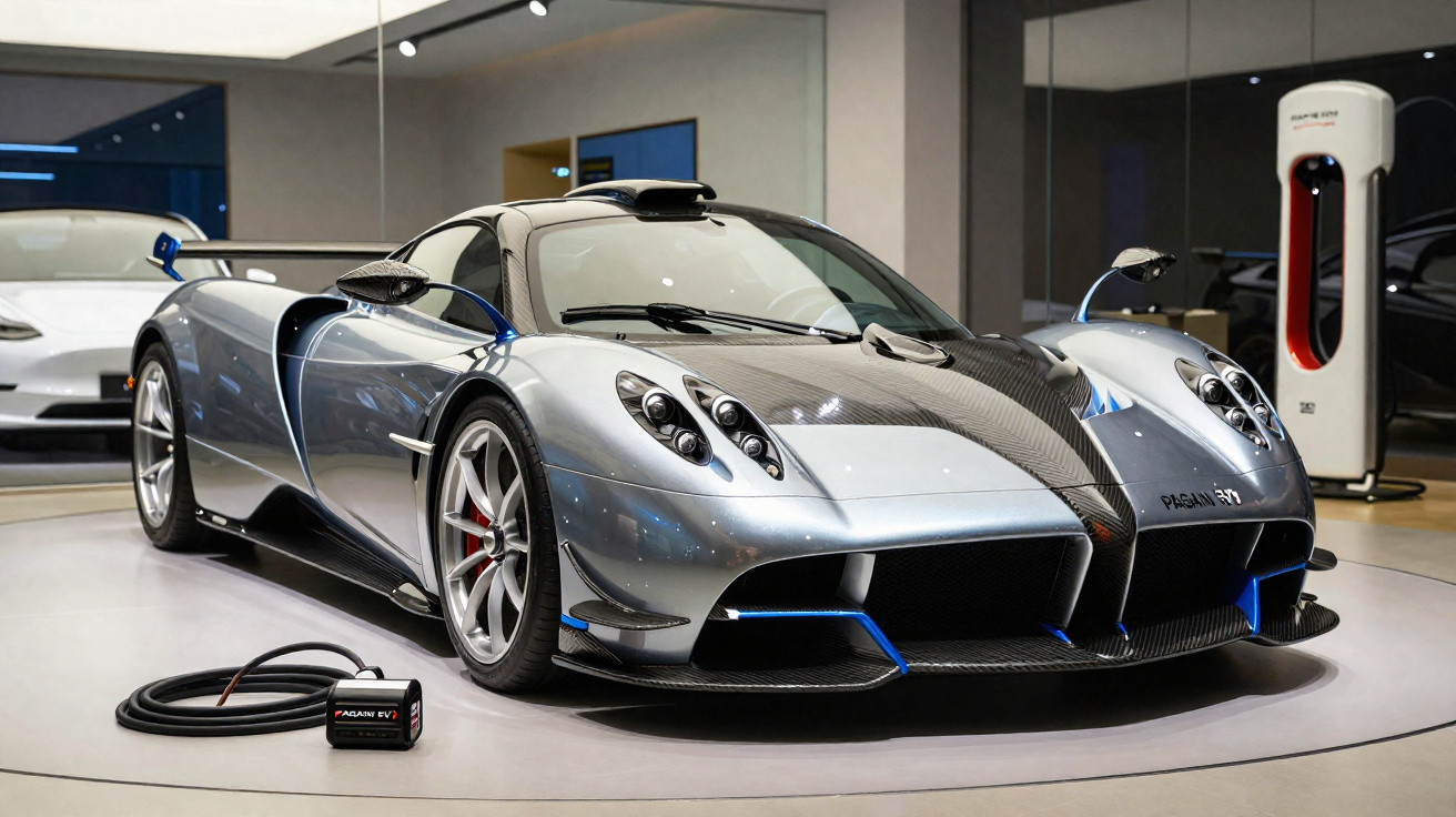 Carro esportivo Pagani em exposição iluminada, com carregador elétrico próximo, em ambiente moderno e minimalista.