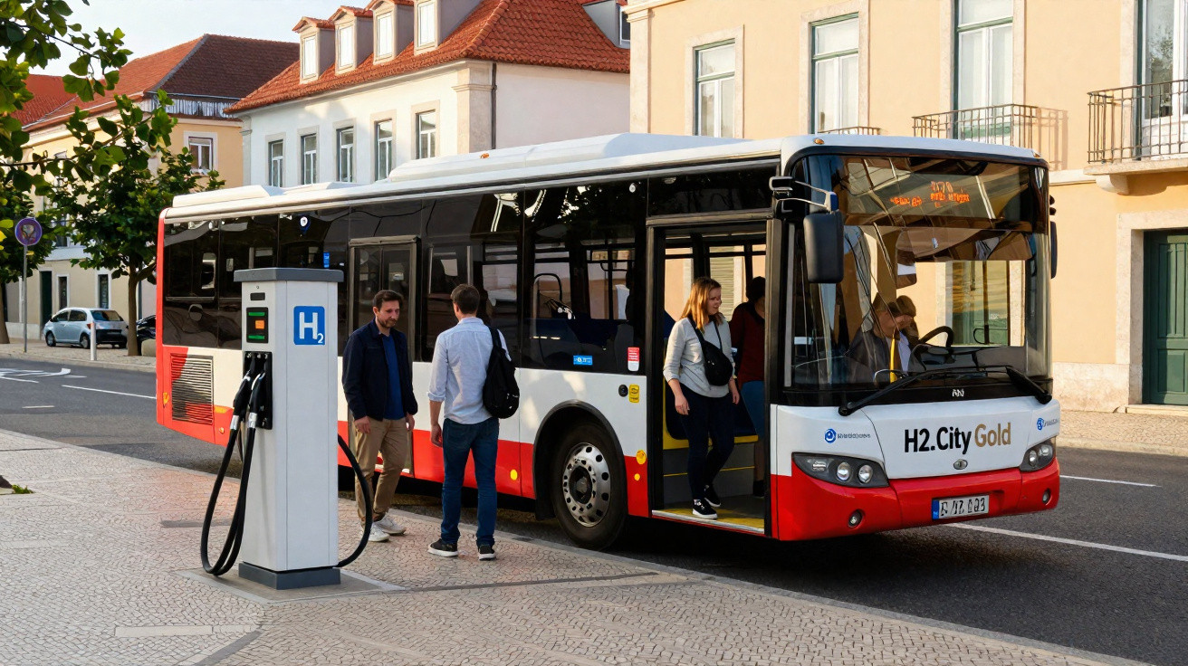 Ônibus urbano vermelho e branco abastecido em estação de hidrogênio com passageiros embarcando na calçada.