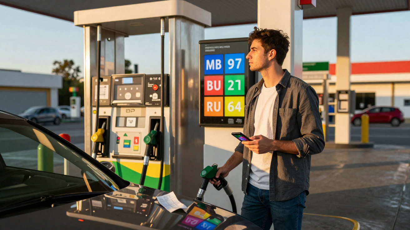 Homem abastecendo carro em posto de gasolina ao entardecer, segurando celular na mão direita.
