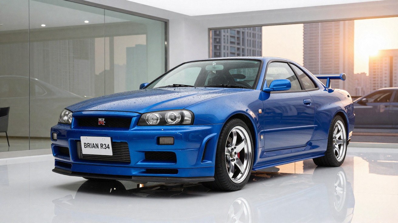 Carro esportivo azul Nissan Skyline GT-R R34 estacionado em piso brilhante dentro de showroom.