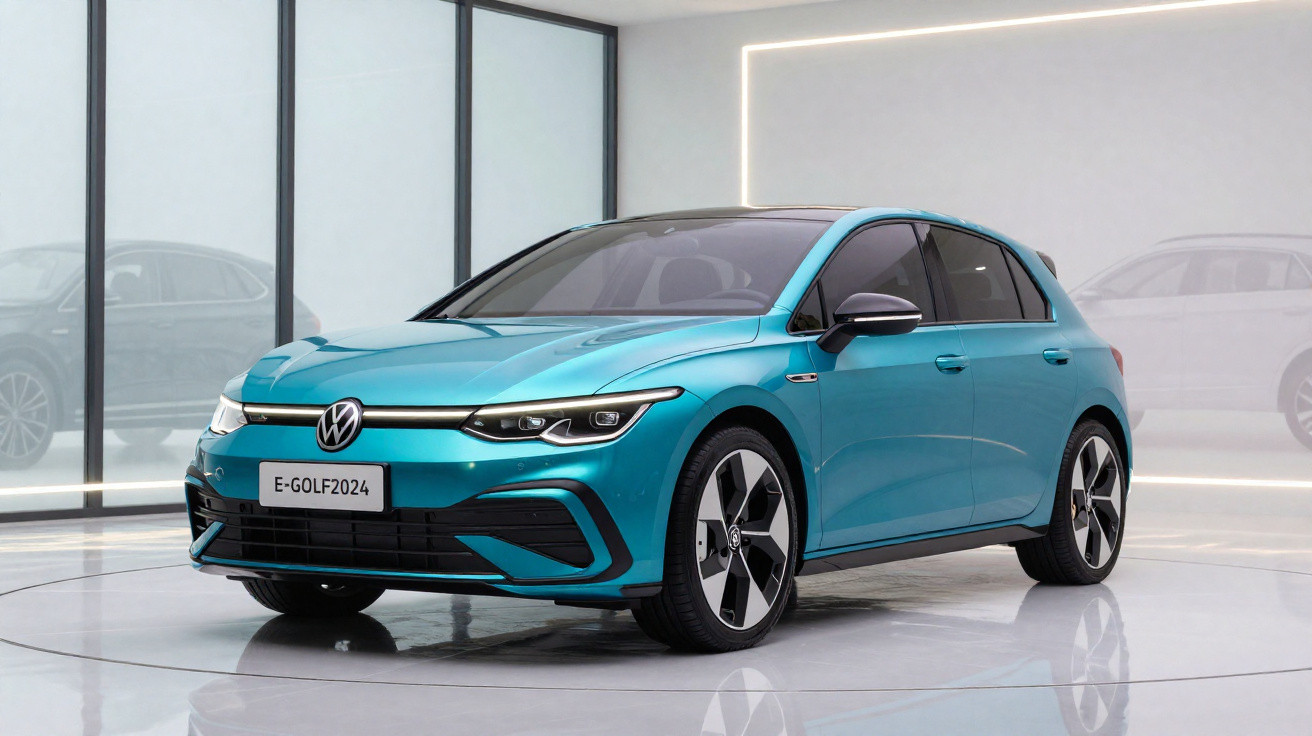 Carro elétrico hatchback azul Volkswagen E-Golf 2024 em estúdio com piso reflexivo e iluminação moderna.